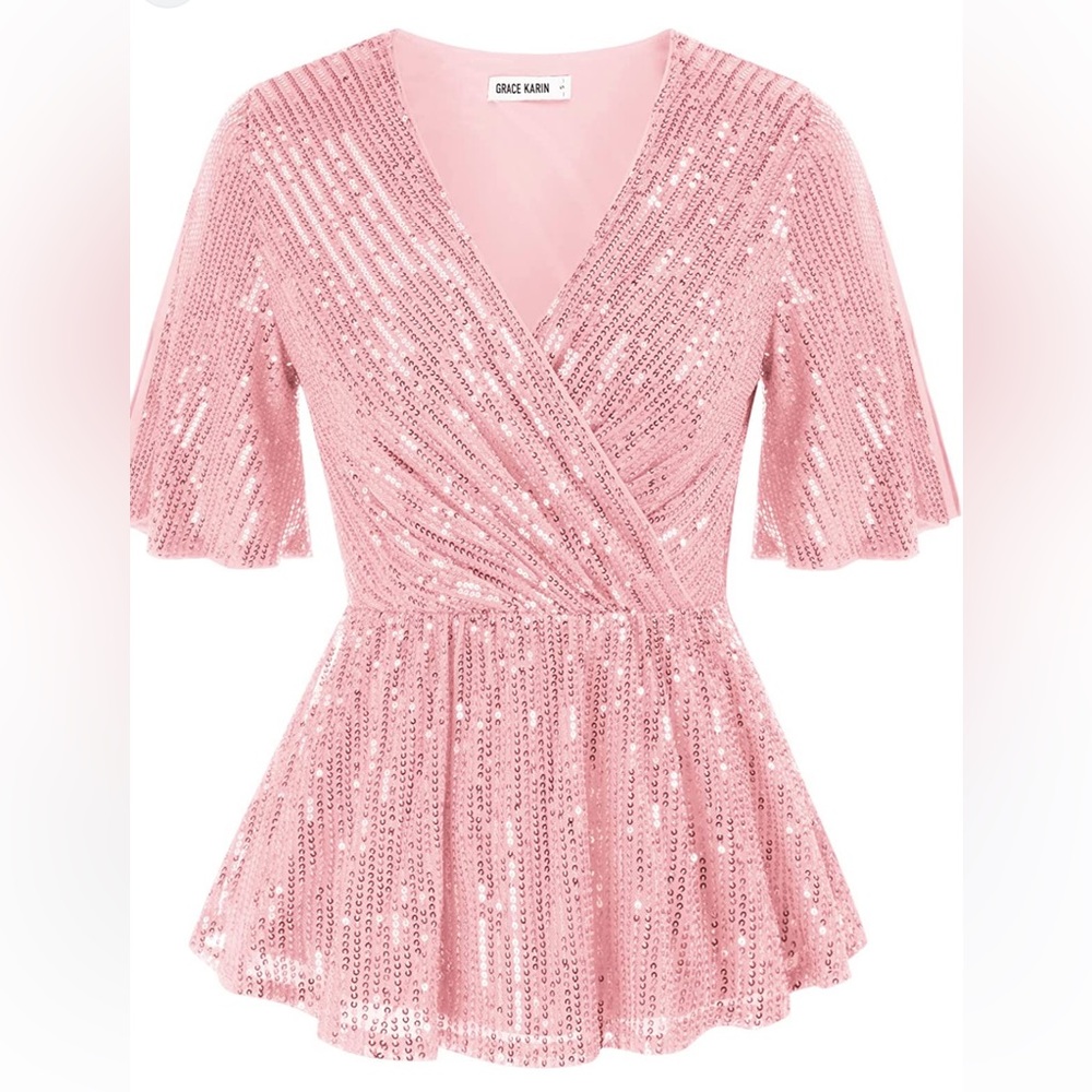 GRACE KARIN Womens Sequin Tops Sparkle Shimmer Ruffle Wrap Blouse New With Tags